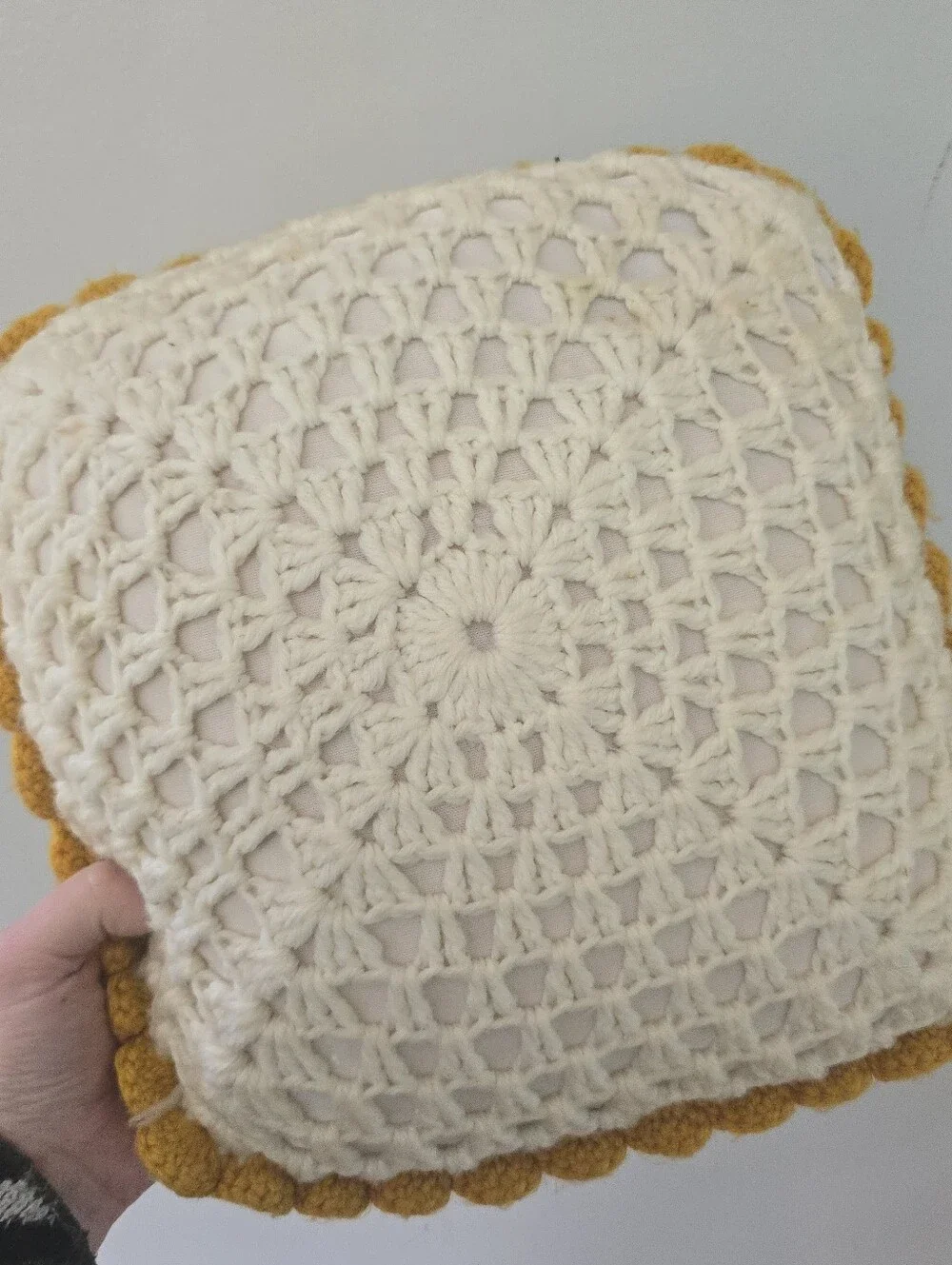 Set Of 2 Vintage Granny Square Crochet Throw Pillows 3D Yellow Roses *read